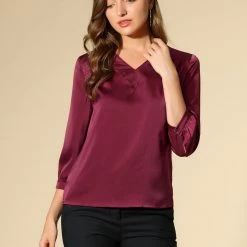 Allegra K Women's Satin Blouse Casual Solid 3/4 Sleeve V Neck Top Shirts