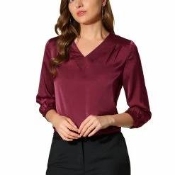 Allegra K Women's Satin Blouse Casual Solid 3/4 Sleeve V Neck Top Shirts