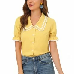 Allegra K Women's Sweet Peter Pan Contrast Collar Short Sleeves Button Up Blouse Tops 11 Allegra K Women's Sweet Peter Pan Contrast Collar Short Sleeves Button Up Blouse Tops