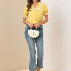 Allegra K Women's Sweet Peter Pan Contrast Collar Short Sleeves Button Up Blouse Tops 12 Allegra K Women's Sweet Peter Pan Contrast Collar Short Sleeves Button Up Blouse Tops