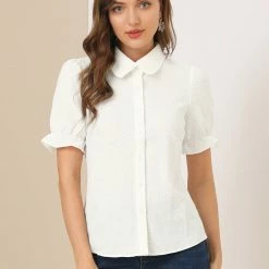 Allegra K Women's Floral Peter Pan Collar Button Ruffle Puff Short Sleeve Shirt Top