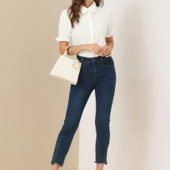 Allegra K Women's Floral Peter Pan Collar Button Ruffle Puff Short Sleeve Shirt Top