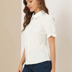 Allegra K Women's Floral Peter Pan Collar Button Ruffle Puff Short Sleeve Shirt Top