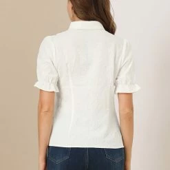 Allegra K Women's Floral Peter Pan Collar Button Ruffle Puff Short Sleeve Shirt Top