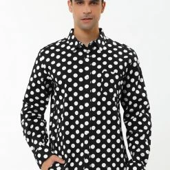 Allegra K Tops Men's Polka Dots Long Sleeve Slim Fit Printed Dress Button Down Shirt