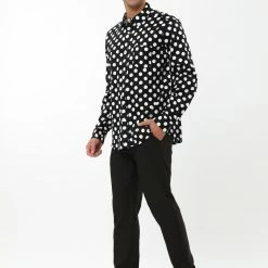 Allegra K Tops Men's Polka Dots Long Sleeve Slim Fit Printed Dress Button Down Shirt