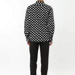 Allegra K Tops Men's Polka Dots Long Sleeve Slim Fit Printed Dress Button Down Shirt