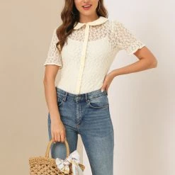 Allegra K Women’s Daisy Embroidered Mesh Peter Pan Collar Sheer Short Sleeve Shirt