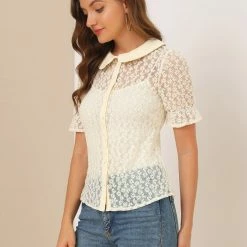 Allegra K Women’s Daisy Embroidered Mesh Peter Pan Collar Sheer Short Sleeve Shirt