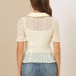 Allegra K Women’s Daisy Embroidered Mesh Peter Pan Collar Sheer Short Sleeve Shirt