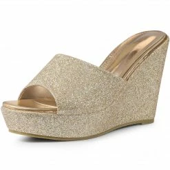 Allegra K Women's Glitter Platform Slip On Wedge Heels Sandals Shoes