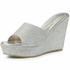 Allegra K Women's Glitter Platform Slip On Wedge Heels Sandals Shoes