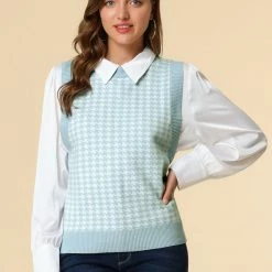 Allegra K Women's Round Neck Vest Sleeveless Houndstooth Plaid Knitted Sweater