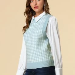 Allegra K Women's Round Neck Vest Sleeveless Houndstooth Plaid Knitted Sweater