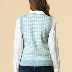 Allegra K Women's Round Neck Vest Sleeveless Houndstooth Plaid Knitted Sweater