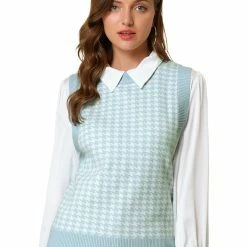 Allegra K Women's Round Neck Vest Sleeveless Houndstooth Plaid Knitted Sweater