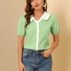 Allegra K Women's Peter Pan Collar Shirt Contrast Color Half Sleeve Button Down Blouse