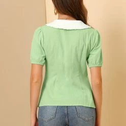 Allegra K Women's Peter Pan Collar Shirt Contrast Color Half Sleeve Button Down Blouse