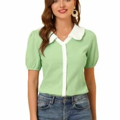 Allegra K Women's Peter Pan Collar Shirt Contrast Color Half Sleeve Button Down Blouse