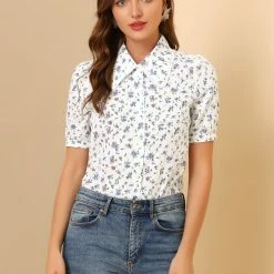 Allegra K Women's Floral Peter Pan Collar Lace Trim Short Sleeve Button Down Floral Blouse 12 Allegra K Women's Floral Peter Pan Collar Lace Trim Short Sleeve Button Down Floral Blouse