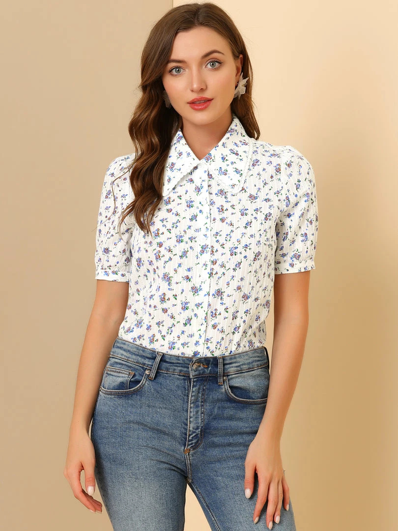 Allegra K Women's Floral Peter Pan Collar Lace Trim Short Sleeve Button Down Floral Blouse 6 Allegra K Women's Floral Peter Pan Collar Lace Trim Short Sleeve Button Down Floral Blouse