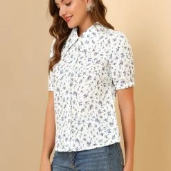 Allegra K Women's Floral Peter Pan Collar Lace Trim Short Sleeve Button Down Floral Blouse 13 Allegra K Women's Floral Peter Pan Collar Lace Trim Short Sleeve Button Down Floral Blouse