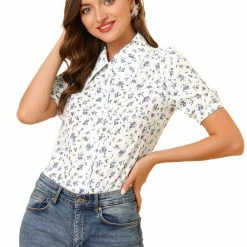Allegra K Women's Floral Peter Pan Collar Lace Trim Short Sleeve Button Down Floral Blouse