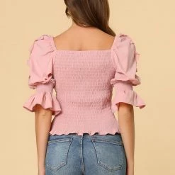 Allegra K Women's Smocked Ruffle Square Neck Puff Sleeve Blouse Top