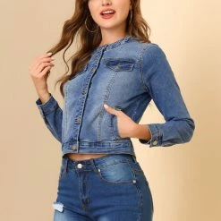 Allegra K Women's Denim Jacket Button Down Collarless Long Sleeve Jean Jackets