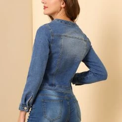 Allegra K Women's Denim Jacket Button Down Collarless Long Sleeve Jean Jackets