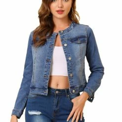 Allegra K Women's Denim Jacket Button Down Collarless Long Sleeve Jean Jackets
