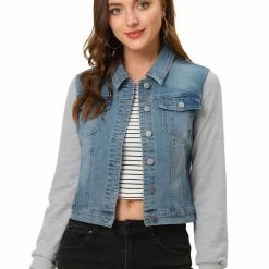 Allegra K Women's Casual Long Sleeve Button Down Denim Jean Jacket