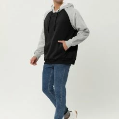 Allegra K Men's Hoodie Sweatshirt Casual Raglan Long Sleeves Color Block Pullover With Pocket