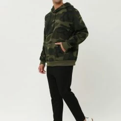 Allegra K Men's Plush Lined Camo Hoodies Long Sleeves Camouflage Printed Pullover Sweatshirt With Pocket