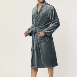 Allegra K Men's Plush Shawl Collar Robe Long Sleeves Spa Flannel Fleece Bathrobe With Belt