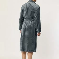 Allegra K Men's Plush Shawl Collar Robe Long Sleeves Spa Flannel Fleece Bathrobe With Belt