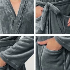 Allegra K Men's Plush Shawl Collar Robe Long Sleeves Spa Flannel Fleece Bathrobe With Belt