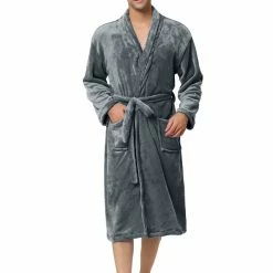 Allegra K Men's Plush Shawl Collar Robe Long Sleeves Spa Flannel Fleece Bathrobe With Belt