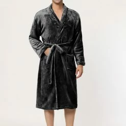 Allegra K Men's Plush Shawl Collar Robe Long Sleeves Spa Flannel Fleece Bathrobe With Belt