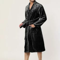 Allegra K Men's Plush Shawl Collar Robe Long Sleeves Spa Flannel Fleece Bathrobe With Belt