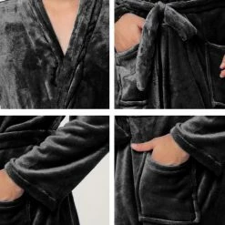 Allegra K Men's Plush Shawl Collar Robe Long Sleeves Spa Flannel Fleece Bathrobe With Belt