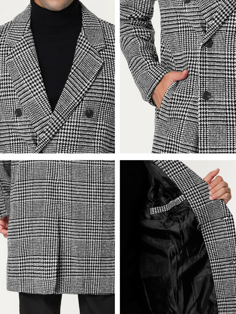 Allegra K Men's Winter Plaid Coat Notch Lapel Double Breasted Long Jacket Houndstooth Overcoat 15 Allegra K Men's Winter Plaid Coat Notch Lapel Double Breasted Long Jacket Houndstooth Overcoat
