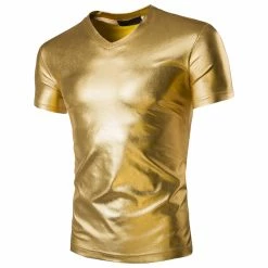 Allegra K Men's Metallic Shiny Nightclub V Neck Short Sleeve Slim Fit Party Disco T-Shirt
