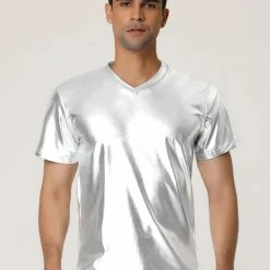 Allegra K Men's Metallic Shiny Nightclub V Neck Short Sleeve Slim Fit Party Disco T-Shirt