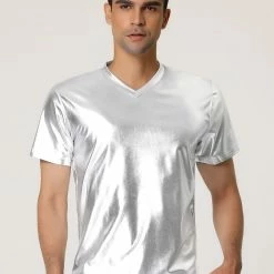 Allegra K Men's Metallic Shiny Nightclub V Neck Short Sleeve Slim Fit Party Disco T-Shirt