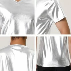 Allegra K Men's Metallic Shiny Nightclub V Neck Short Sleeve Slim Fit Party Disco T-Shirt