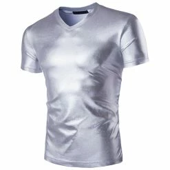 Allegra K Men's Metallic Shiny Nightclub V Neck Short Sleeve Slim Fit Party Disco T-Shirt