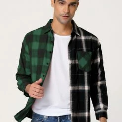 Allegra K Men's Plaid Shirt Color Block Patchwork Long Sleeves Checked Shirt Jacket