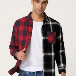 Allegra K Men's Plaid Shirt Color Block Patchwork Long Sleeves Checked Shirt Jacket