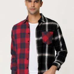 Allegra K Men's Plaid Shirt Color Block Patchwork Long Sleeves Checked Shirt Jacket